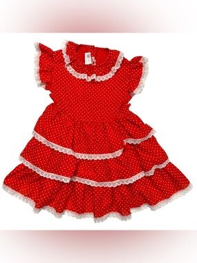 80s Vintage “Cuddle Teen” Red Polka Dot Tiered Ruffle Dress with Lace Trim
